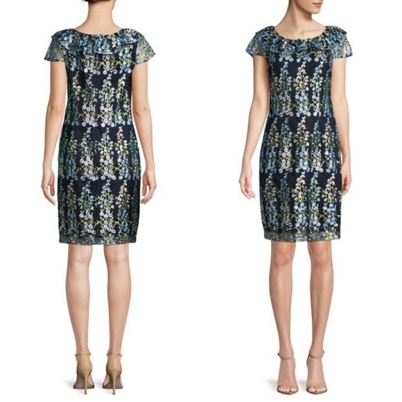 Karl Lagerfeld Paris Floral Embroidered Boatneck Dress - Navy | Size 6 - Picture 1 of 11